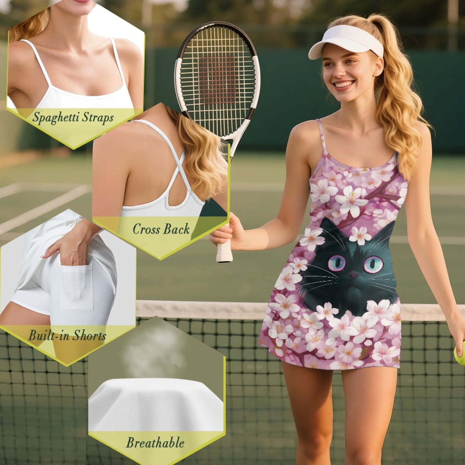 Yuyamidu Black Cat Cross Backless Golf Dresses for Women Size M Built-in Shorts with Pockets, Pink Cherry Blsoom Tennis Dress Cute Athletic Dress for Women Girls, Breathable Soft
