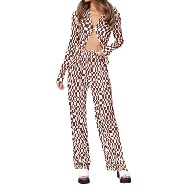 VISgogo Mujeres Tops Pantalones Traje, Manga Larga Solapa Cuello Botones Sueltos Camisa Pantalones Largos Verano Primavera 2 Piezas Traje VISgogo moda