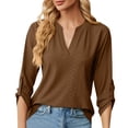 thumbnail image 2 of Lixiuxyad Women's V Neck Button Detail 3/4 Sleeve T Shirt For Casual Wear Floral Cute,Brown S, 2 of 7