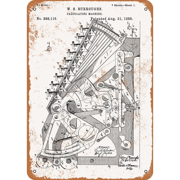 7 x 10 METAL SIGN - 1888 Calculator Patent - Vintage Rusty Look