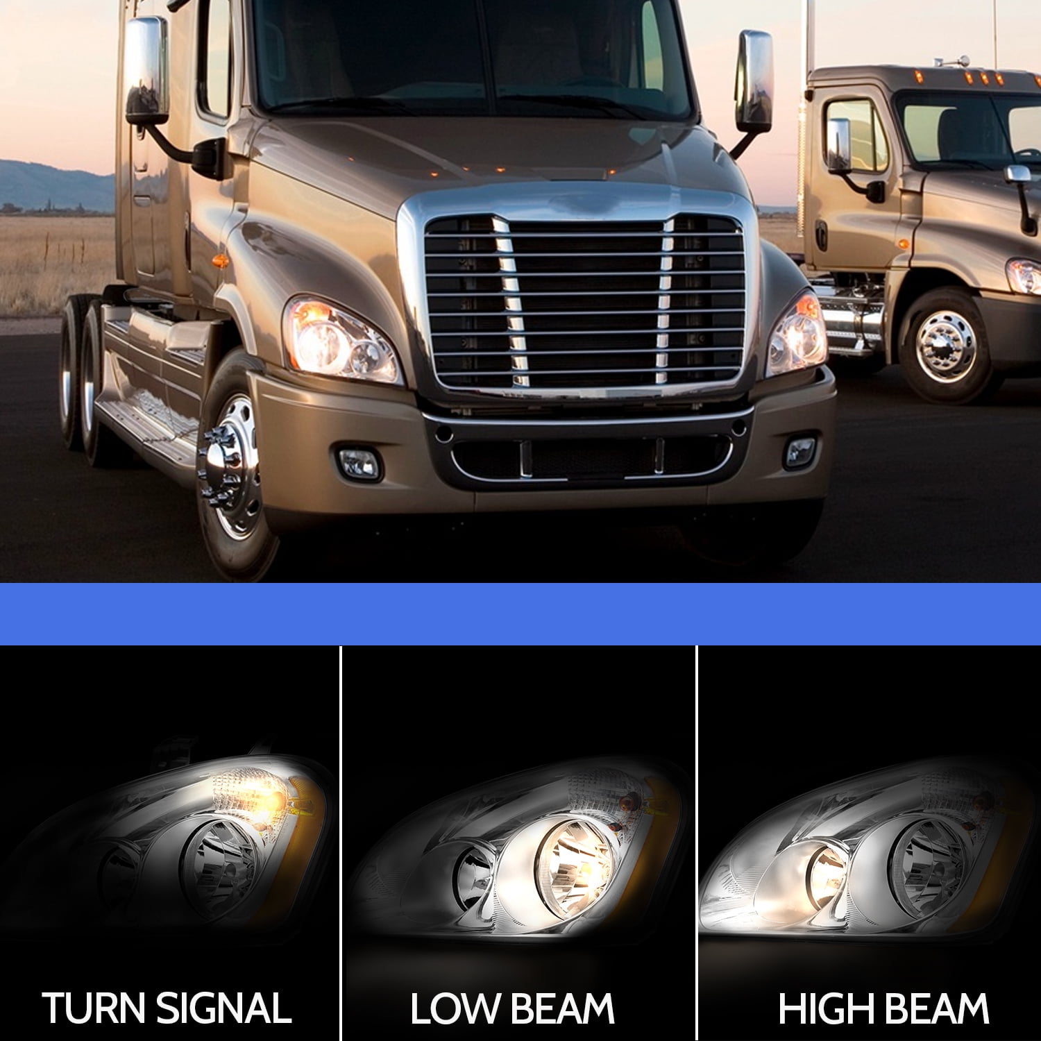 Headlights Assembly Fit For 2008-2016 Freightliner Cascadia, Chrome Housing And Amber Reflector Headlamps,Left and Right Pair Set, Including Halogen bulbs