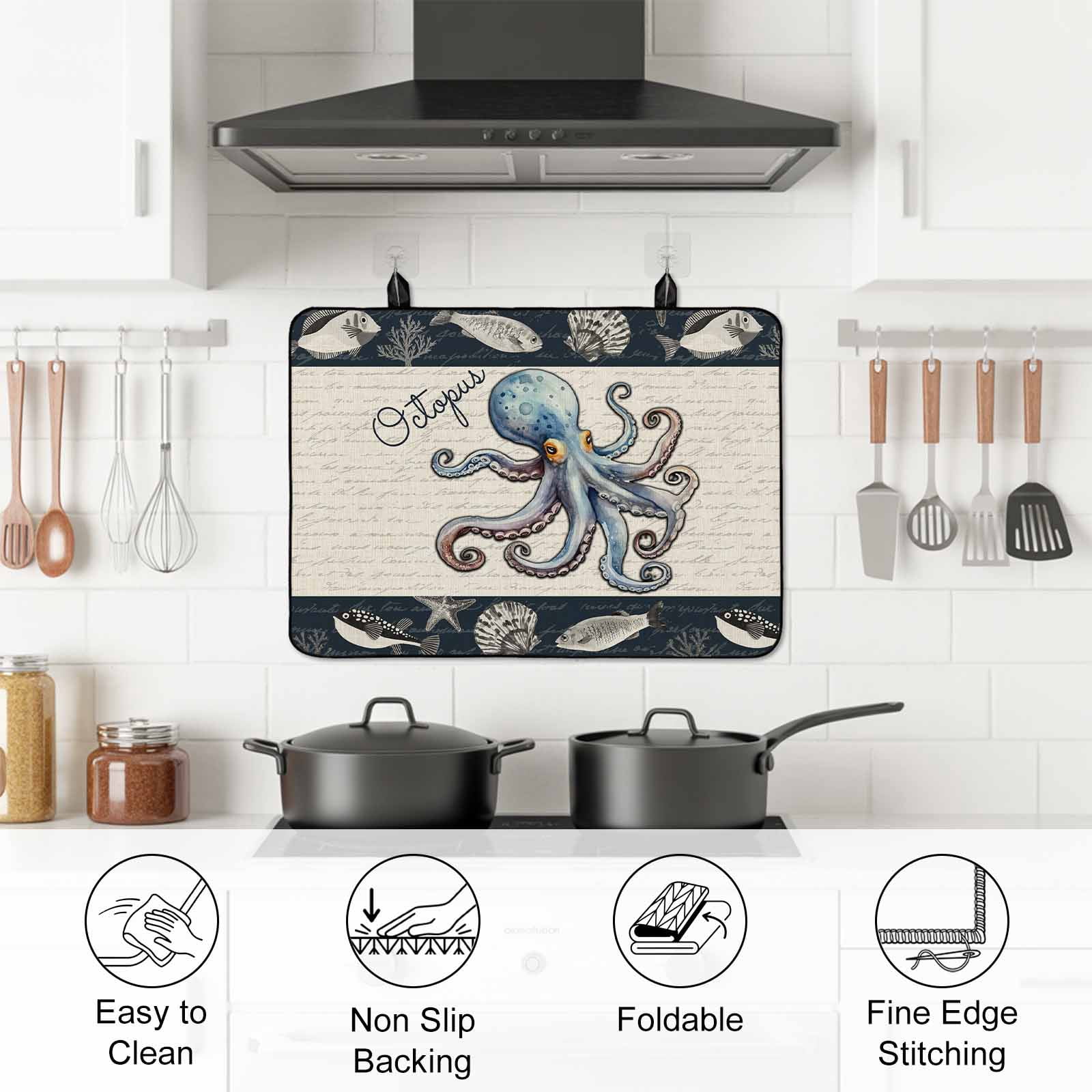 Coastal Octopus Stove Top Cover for Electric Stove, Heat-proof & Non Slip Glass Top Stove Cover Protector, Nautical Ocean Beach Fish Starfish Kitchen Flat Cooktop Rubber Mat 24x21 Inches