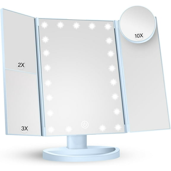 Makeup Mirror Vanity with Lights, 2X 3X 10X Magnification, Lighted Mirror, Touch Control, Trifold Dual Power Supply, Portable LED Women Gift (Blue)