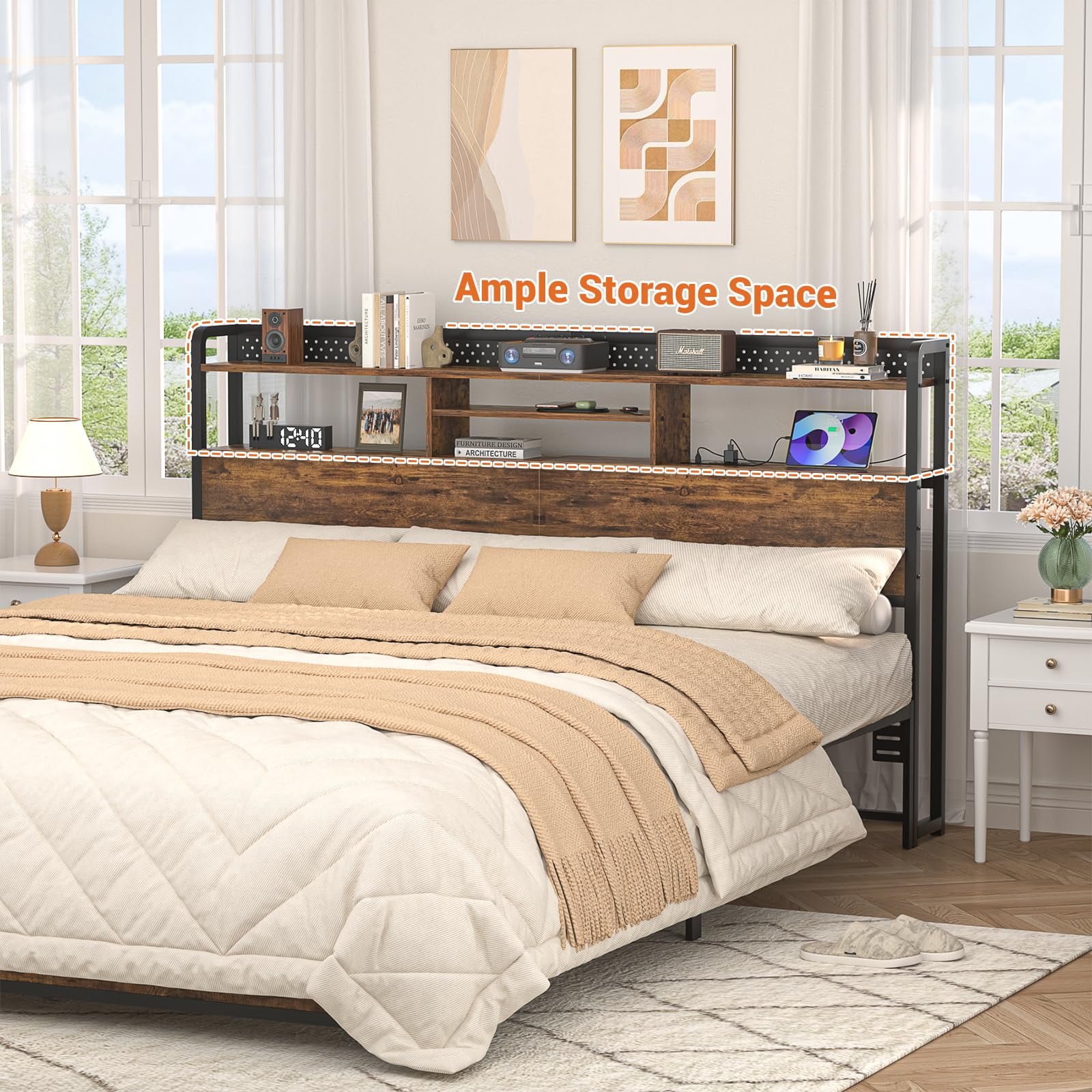 Homieasy Headboard for King Size Bed with Storage Shelf, Head board with 3 Outlets and 2 USB Ports, Headboards with RGB LED Light, Height Adjustable, Sturdy and Stable, Easy Assembly, Rustic Brown