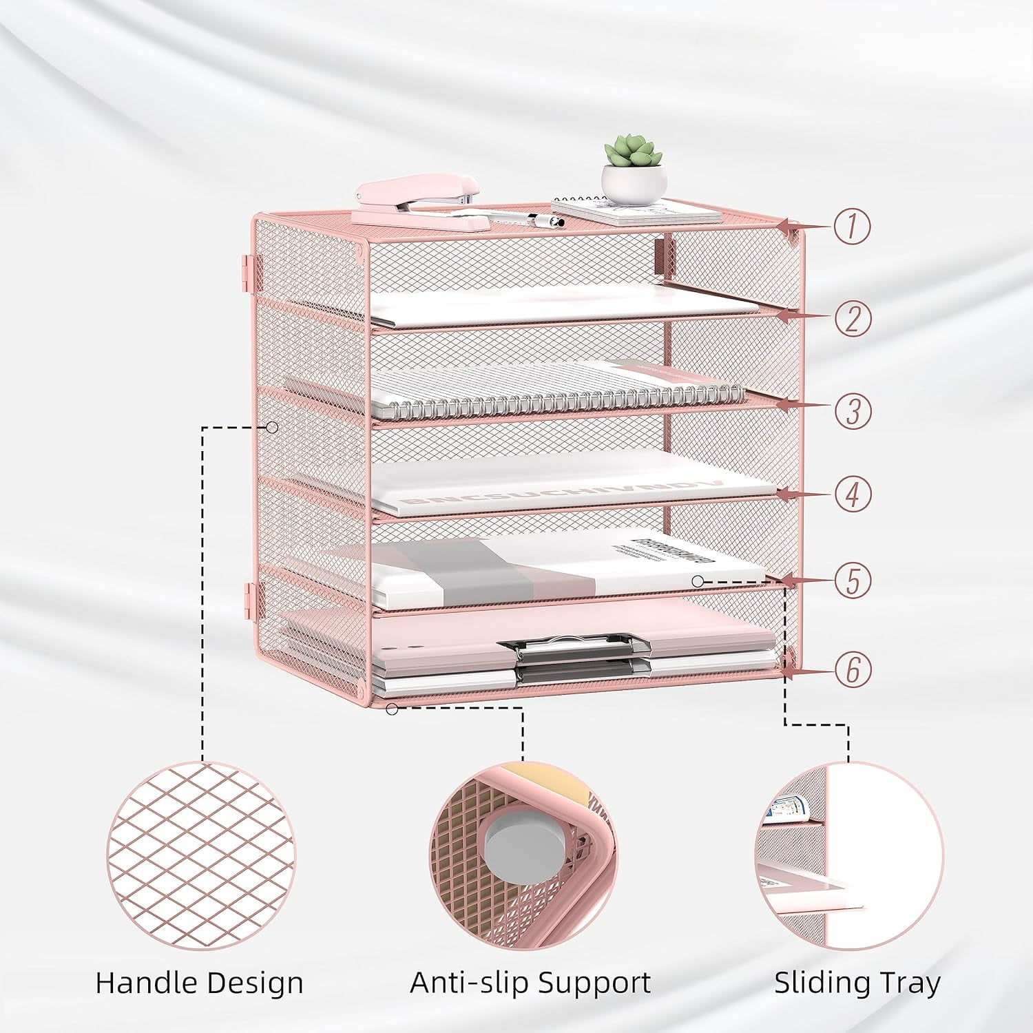 INTIGE 5 Tier Desktop Organizer Tray, Desk Paper Organizer, Storage Solutions for Home Office, Pink, 1 Pack