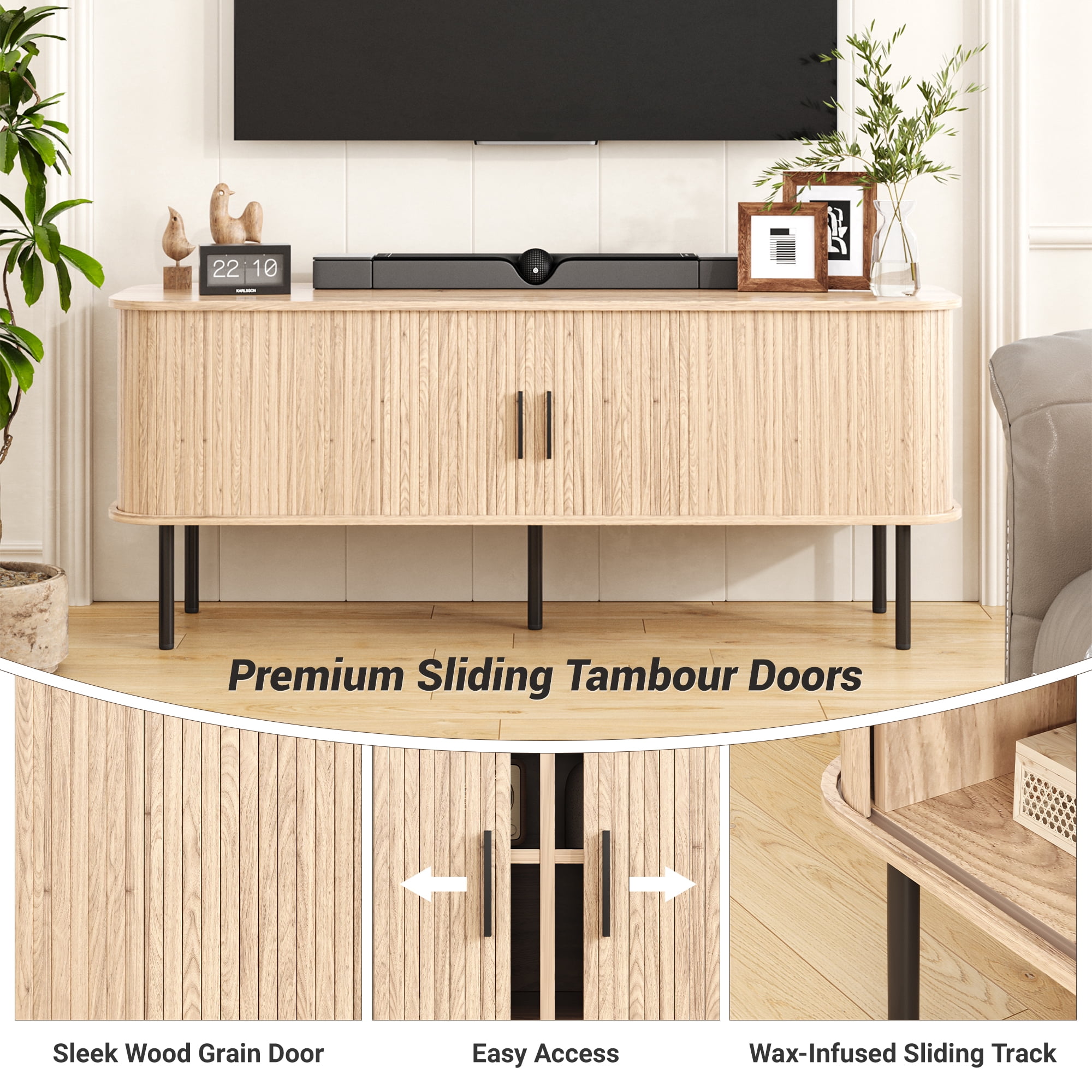 VEANERWOOD 63" TV Stand for 70" TV, Wood Entertainment Center with Storage and Shelves, 2 Sliding Tambour Doors, Mid-Century Modern,Natural