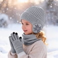 thumbnail image 2 of CPNG Kid Knitted Hat Girls Boys Earflap Beanie and Touchscreen Gloves Thermal Fleece Lined Stretchy Windproof Warm Winter Hat for Outdoor Sports, 2 of 7