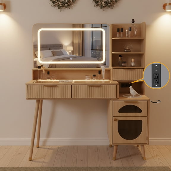 48" Fluted Vanity Desk with LED Mirror & USB Charging – Smoked Glass Top