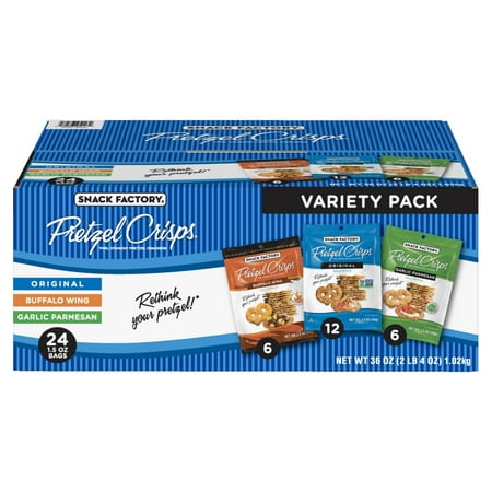 Snack Factory Pretzel Crisps Variety Pack, Original, Buffalo Wing, Garlic Parmesan, 1.5 Oz, 24 (Best Snacks For Ibs)