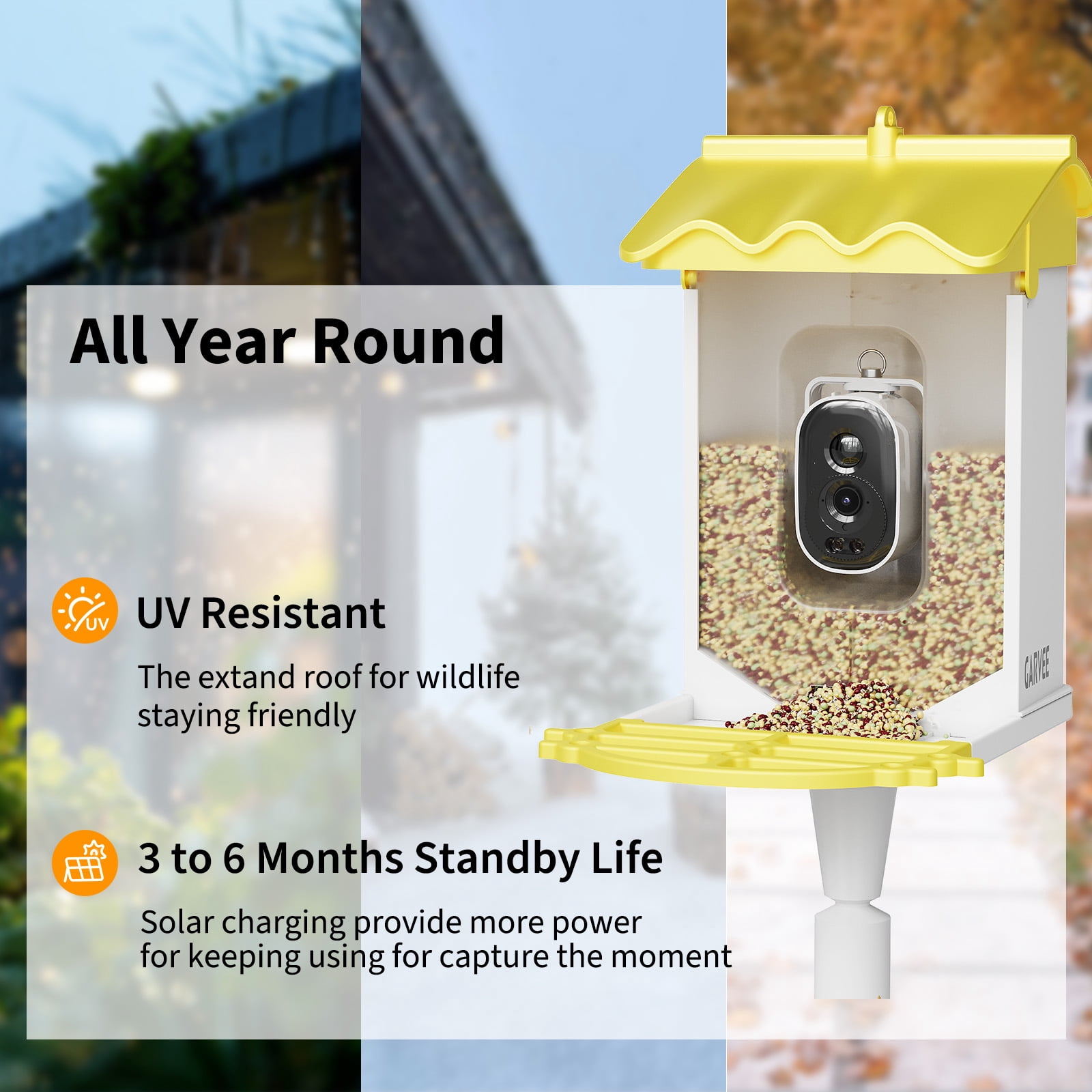 Solar-Powered Smart Bird Feeder with 4K Camera, AI Bird Recognition, Night Vision, App Alerts, Auto Recording, Squirrel Proof, Outdoor Wildlife Monitor, Yellow
