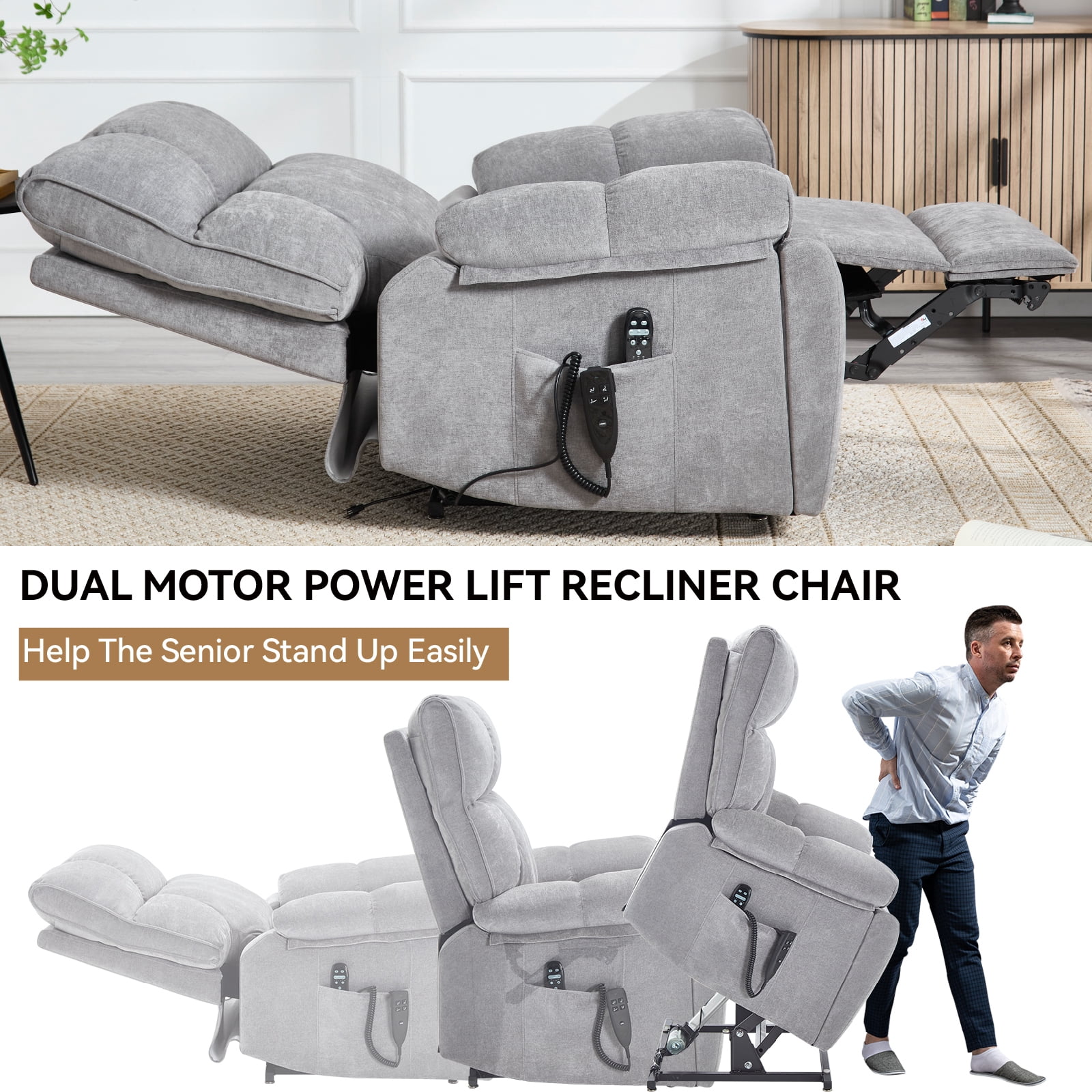 Alvantor Large Power Lift Recliner Chair for Elderly Dual Motor Chenille Electric Recliners Chair with Massage and Heat for Living Room Gray