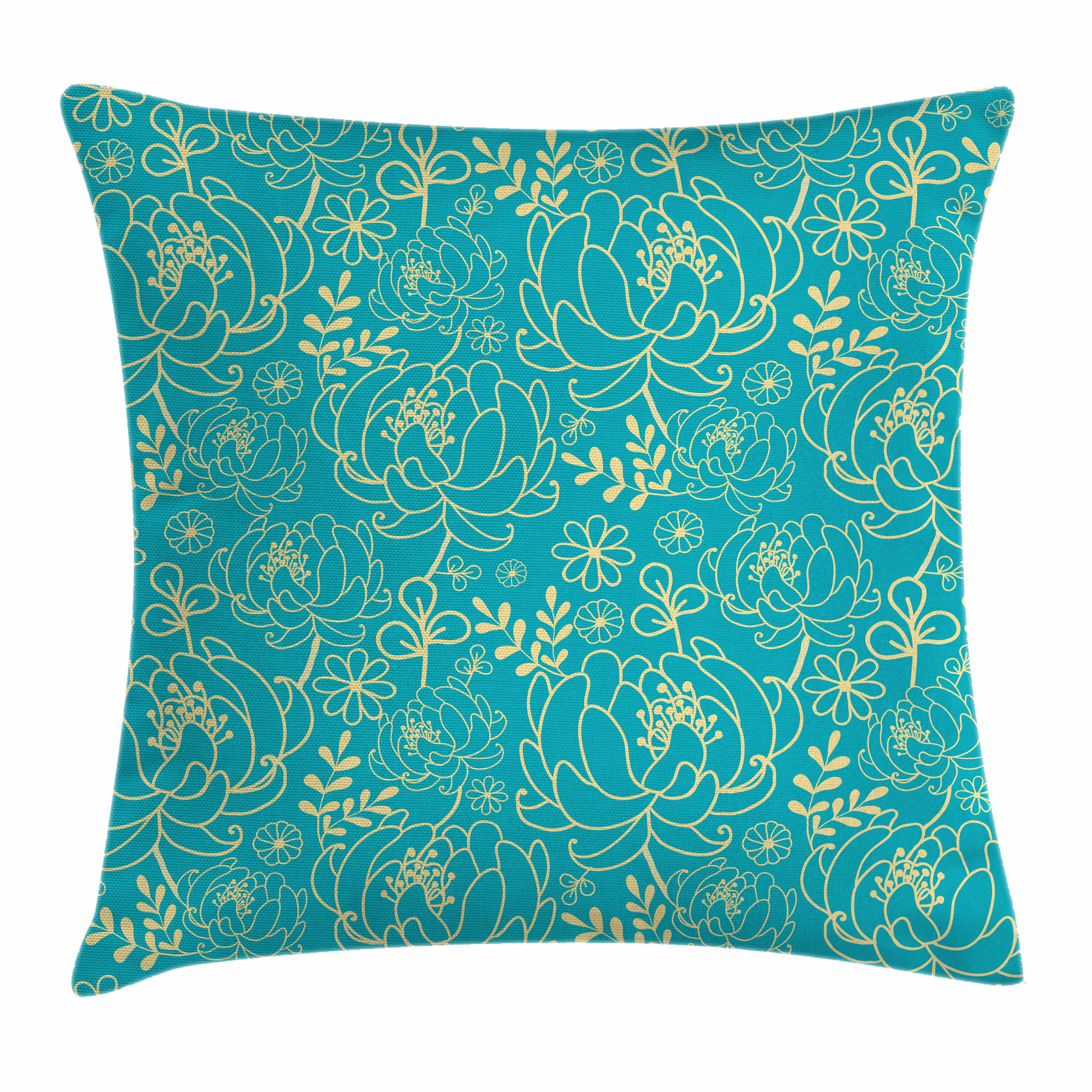 Yellow and Blue Throw Pillow Cushion Cover, Classic Floral Twig Leaves