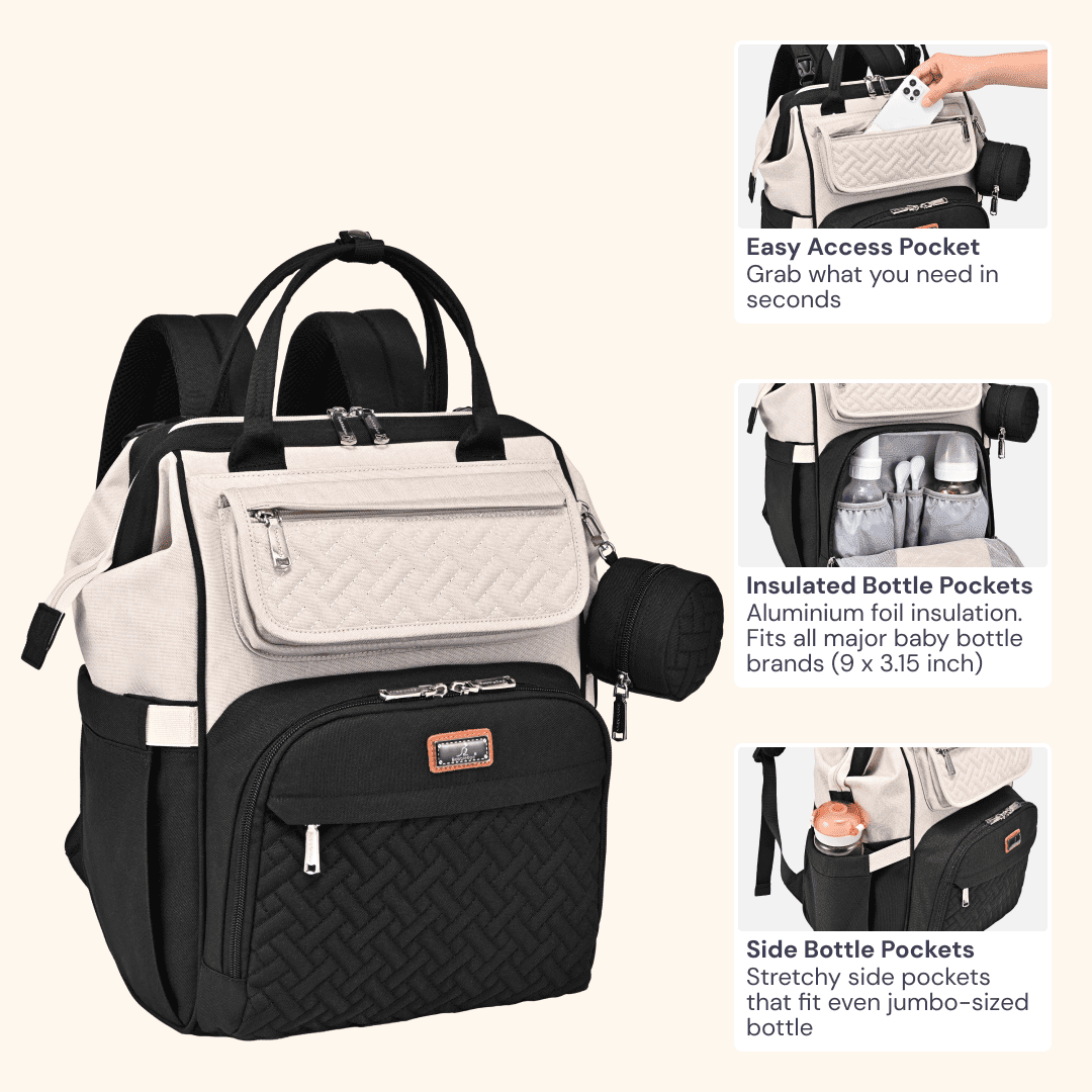 BabbleRoo Large Capacity Baby Diaper Backpack for Infants and Toddlers, Waterproof Black & Apricot