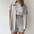 thumbnail image 2 of mihongmao 2 Piece Lounge Set Women Airport Travel Outfit Women's Summer Two Piece Neck Long Sleeve Shirt High Waist Drawstring Large Shorts Casual Set Gray XL, 2 of 5