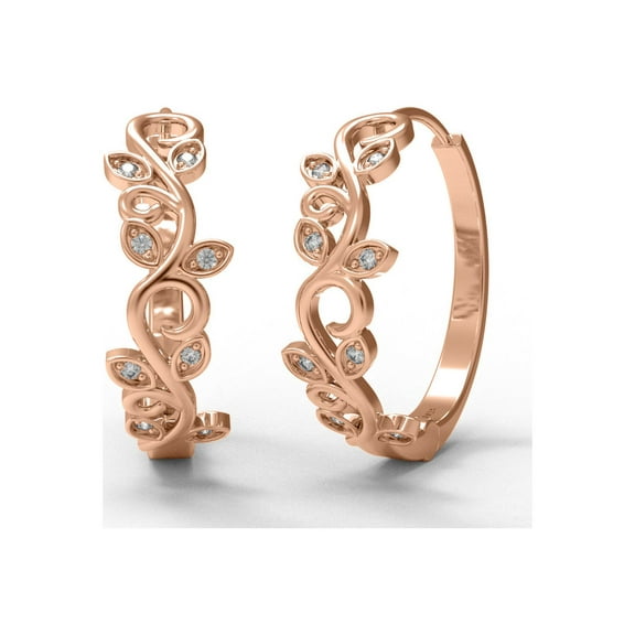 Mooneye Leaf Design Women Hoop Earrings 0.16 Ctw Round Moissanite 925 Sterling Silver Rose Vermeil