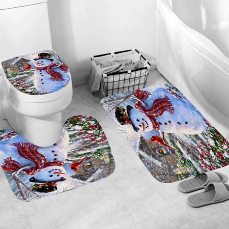 3 Pcs Christmas Snowman Winter Holiday Bathroom Rug Sets, Non Slip Bath Mat, Contour Mat and Toilet Lid Cover, Bathroom Mats Shower Mats Bath Rug Mat for Tub Shower and Bathroom