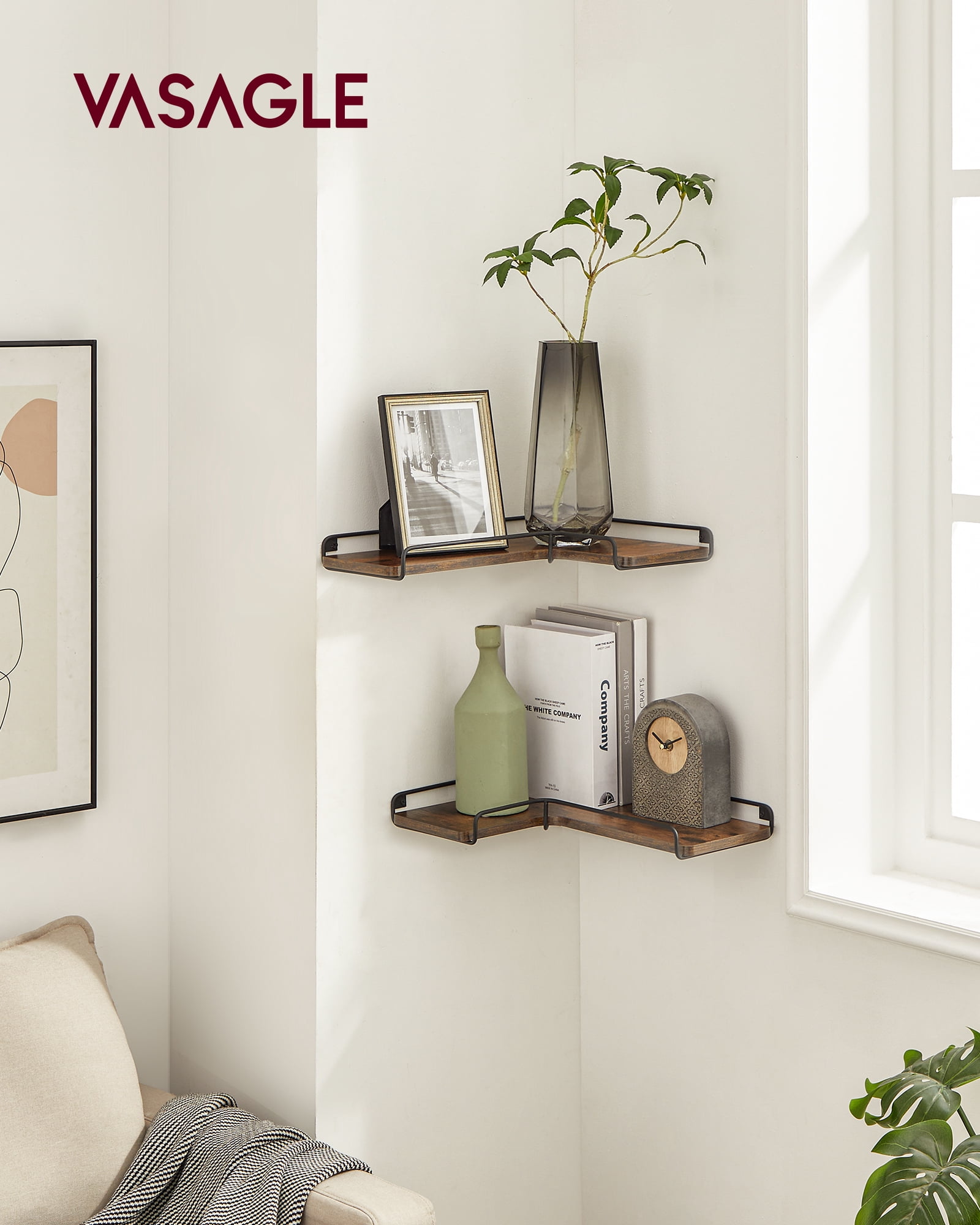 VASAGLE Corner Floating Shelves, Corner Wall Shelf Set of 2, Corner Shelves for Wall Decor and Storage, Wall Mount, Rustic Brown and Black