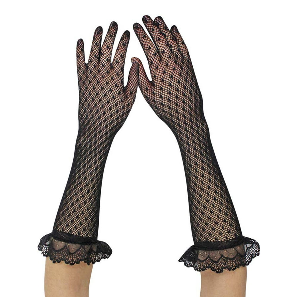 Luxury Divas Black Ruffle Womens Long Lace Gloves