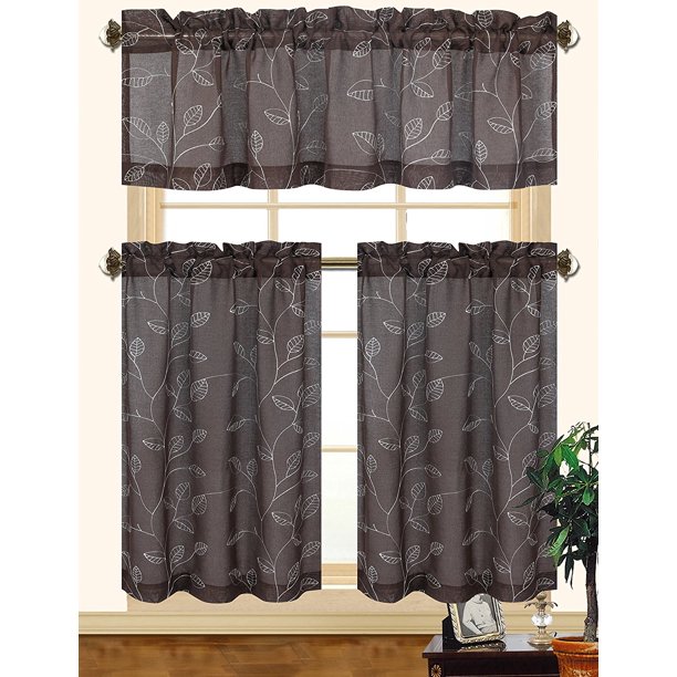 Kashi Home Fiona 3pc Leaves Embroidered Decorative Kitchen Curtain Set