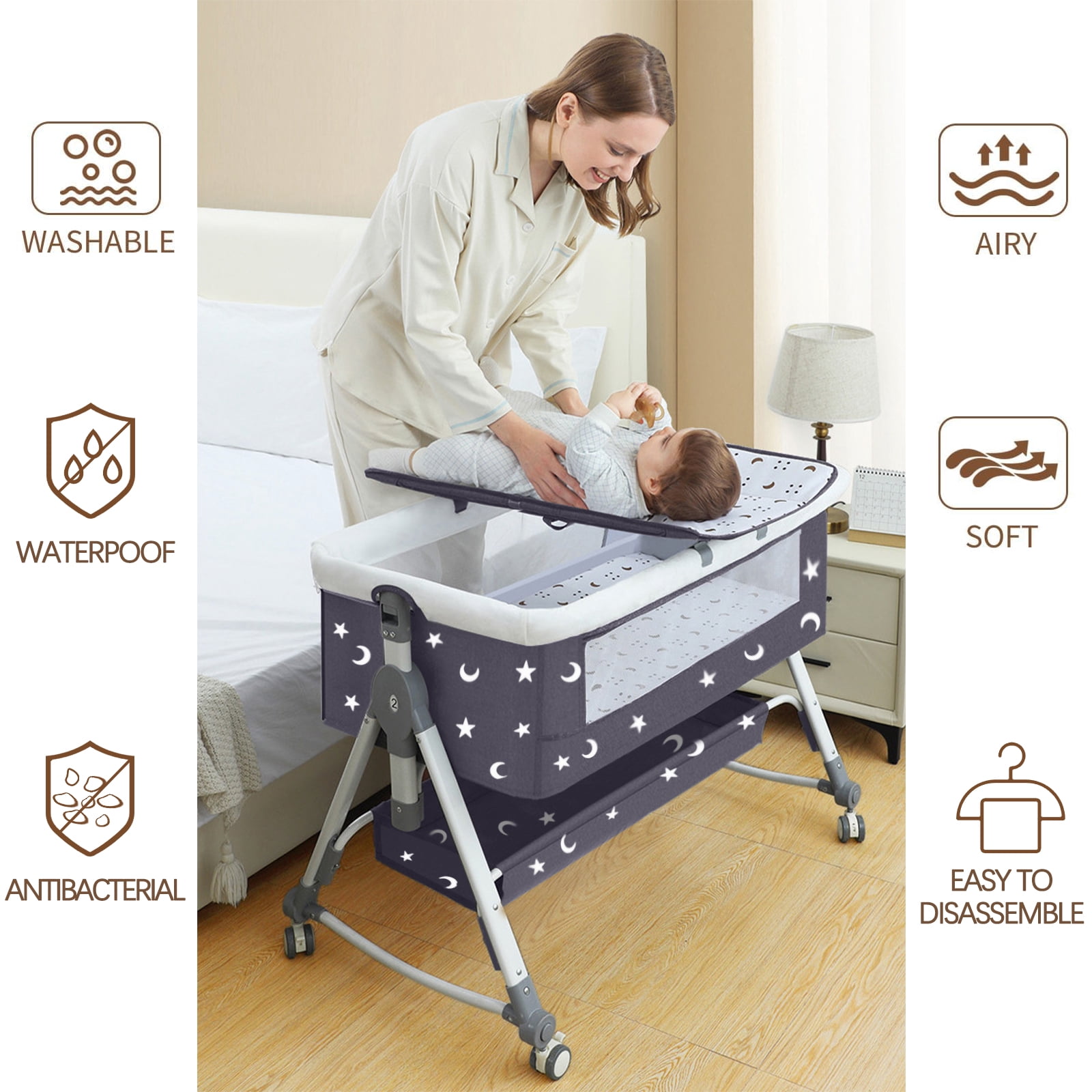 JUANYU Portable Baby Bassinet with 5 Height Adjustments, Changing Table, Large Storage Space, Moyan Starry Sky