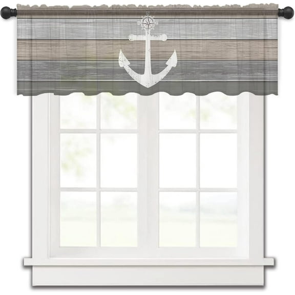 Beige Gray Ombre Wood Sheer Valance, 54"x18" Light Filtering Kitchen Curtain Valances, Beach Nautical Anchor Ocean Coastal Chiffon Rod Pocket Living Room/Bedroom/Cafe Curtains