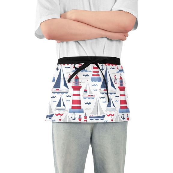 Server Apron with 3 Pockets Waterproof Waitress Waist Short Apron for Man Woman Lighthouse Wave Ship 12 Inches