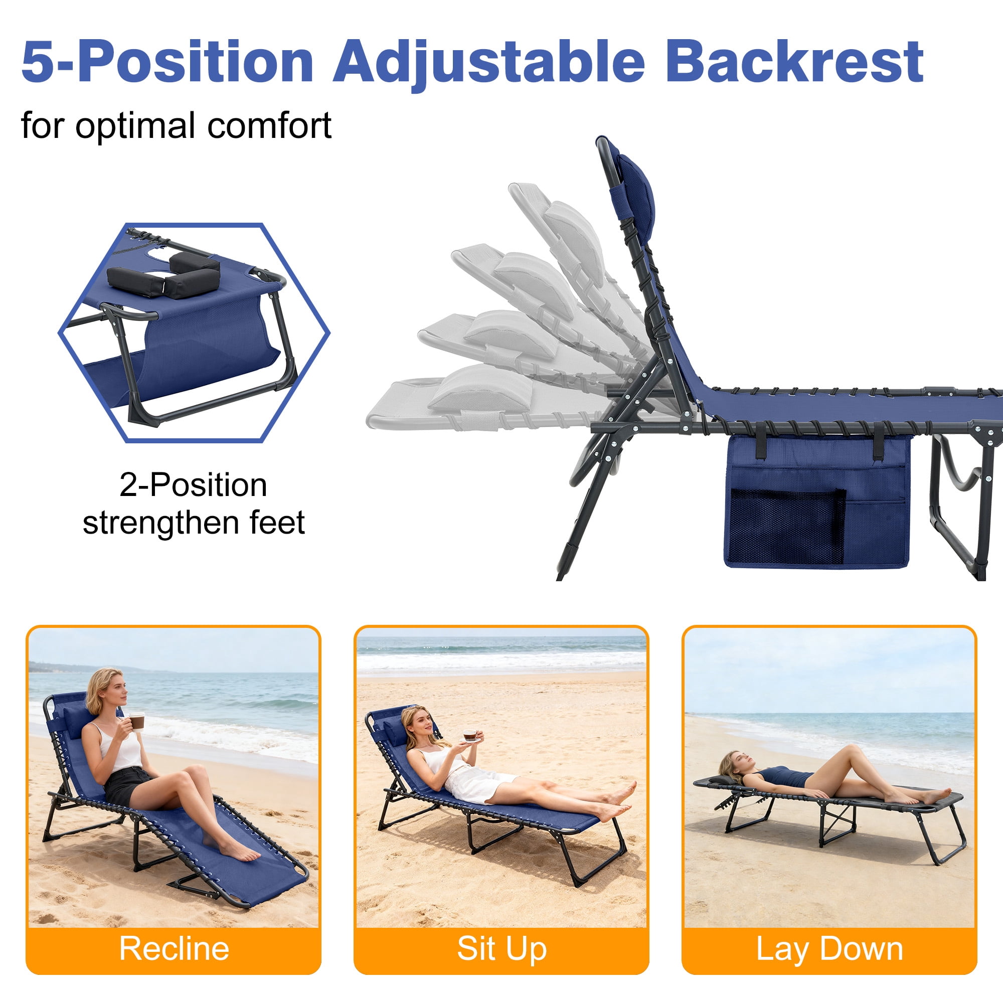 2‑Pack Dark Blue 5‑Position Adjustable Face‑Down Chaise Lounge Chair, Foldable Tanning Recliner with Face & Arm Holes, Outdoor Sunbathing Chair for Pool Beach Patio Lawn