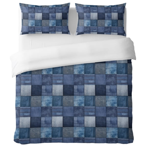 Denim Squares King Duvet Cover Set, Rustic Blue Jeans Fabric Patchwork Textile Texture Decorative 3 Piece Bedding Set with Zipper Closure Soft Breathable Microfiber Comforter Cover & 2 Pillowcases