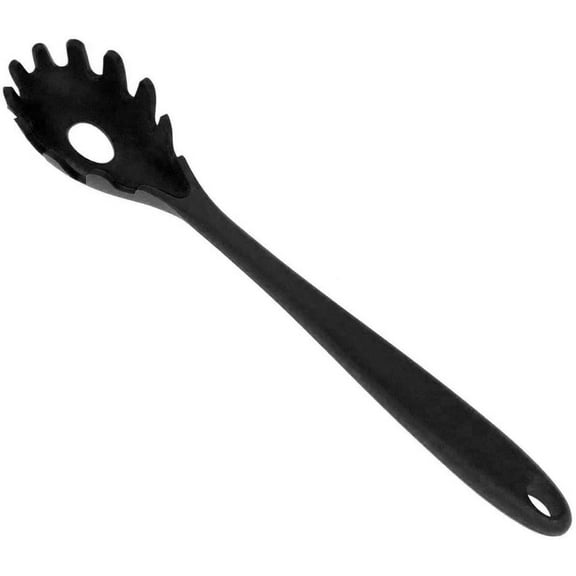 Silicone Pasta Fork (11.2"), High Heat Resistant to 480F, Food Grade Pasta Spoon, BPA Free, Spaghetti Strainer & Server Spoon (Black, Noodle Spoon)