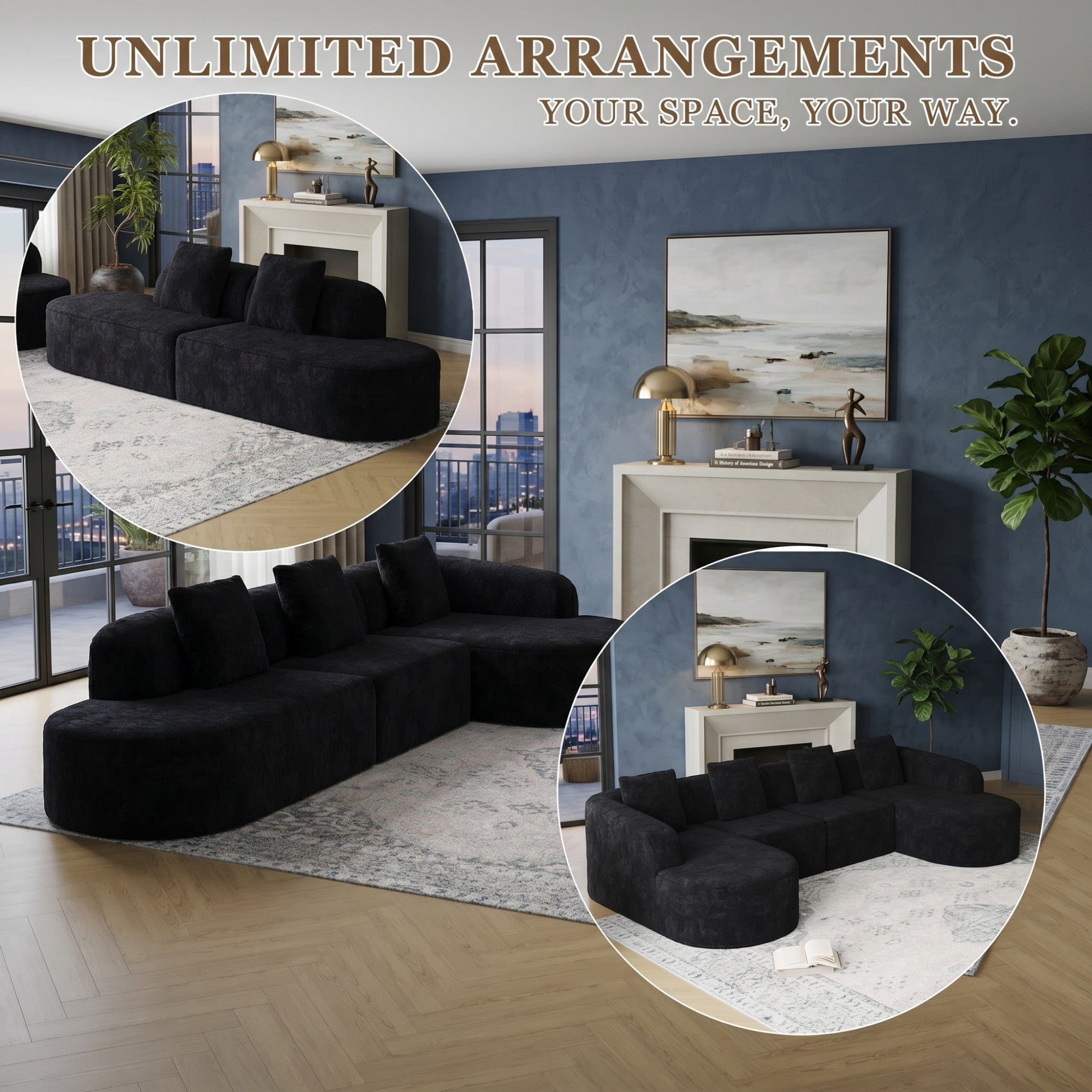 Sailvan 111.8" L-Shaped Curved Modular Sofa, Modern Lychee-Textured Sectional with Chaise, 3 Pillows Black