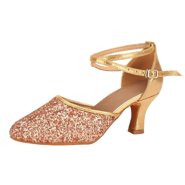 Dakaela Women Latin Dance Shoes Closed Toe Rhinestone Salsa Tango Ballroom Dancing Heeled Pumps Pink 9