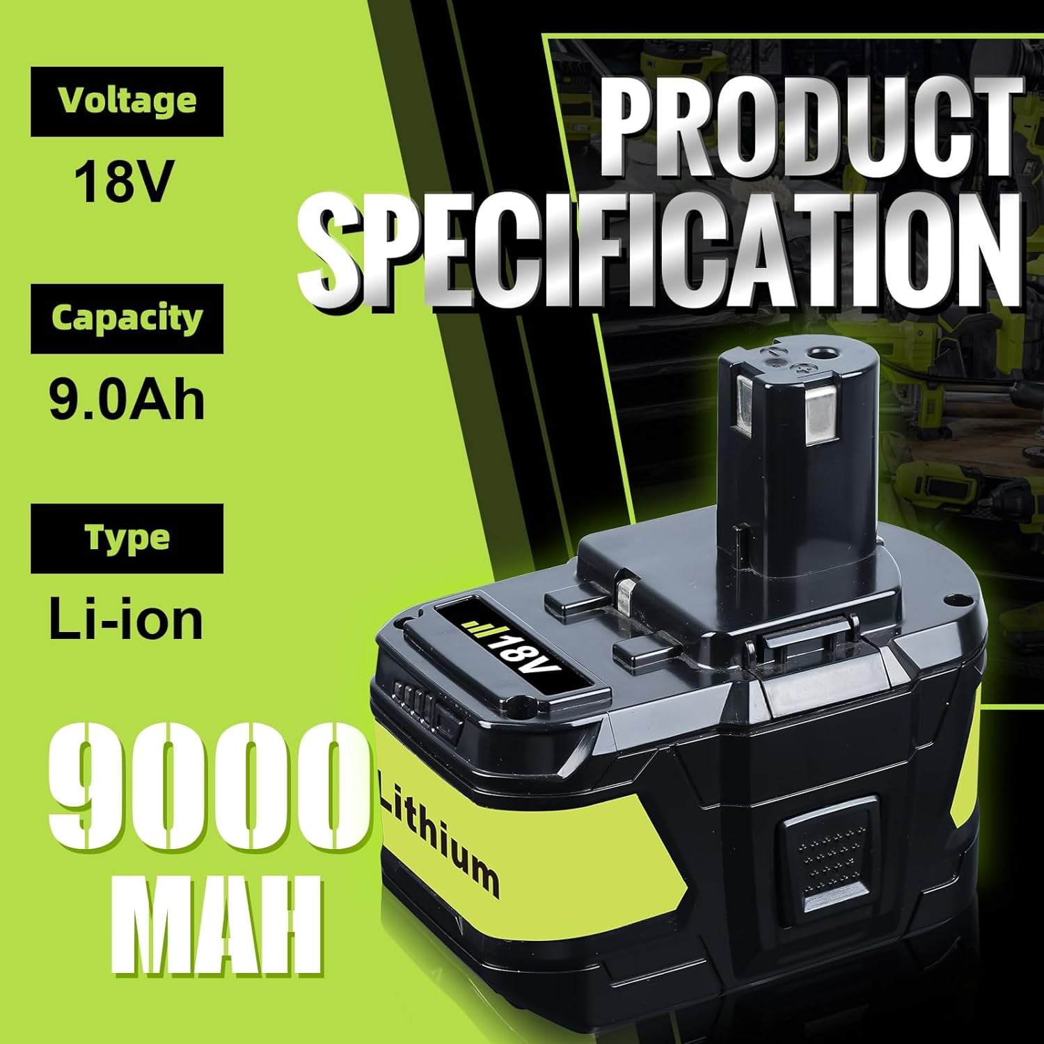 1Pack 9.0Ah 18V P109 Replacement for Ryobi 18V Lithium-Ion Battery