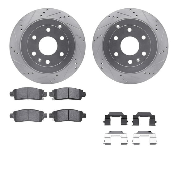 Dynamic Friction Company Rear Brake Rotors-Drilled and Slotted-Silver with 5000 Euro Ceramic Brake Pads includes Hardware 7612-48006