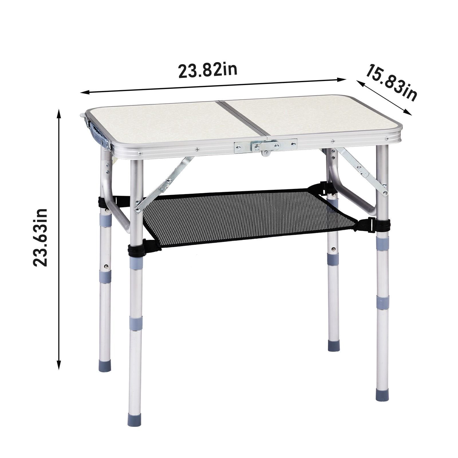 3 Height Adjustable Folding Camping Table with Mesh Storage Net, Portable Aluminum Foldable Table Built-in Carry Handle Supports 110lbs for Picnic Beach Patio Indoor Outdoor Use
