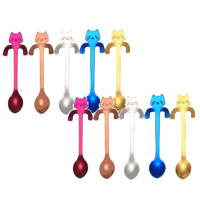 Oleegame 2PC Stainless Steel Cutlery Set Cat Spoon Short Handle Spoons Flatware Coffee Drinking Tools Kitchen Gadge