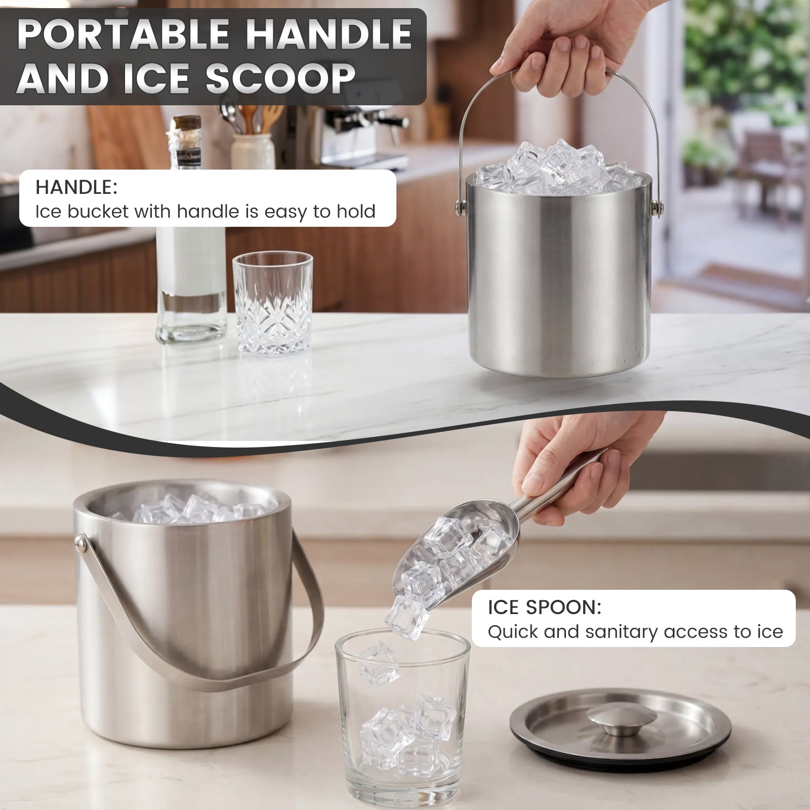 Stainless Steel Ice Bucket - 3 Quart (3L) Double-Wall Insulated Ice Buckets for Parties with Lid Scoop Strainer & Handle Beverage Large Champagne Wine Drink Container Holder Ideal
