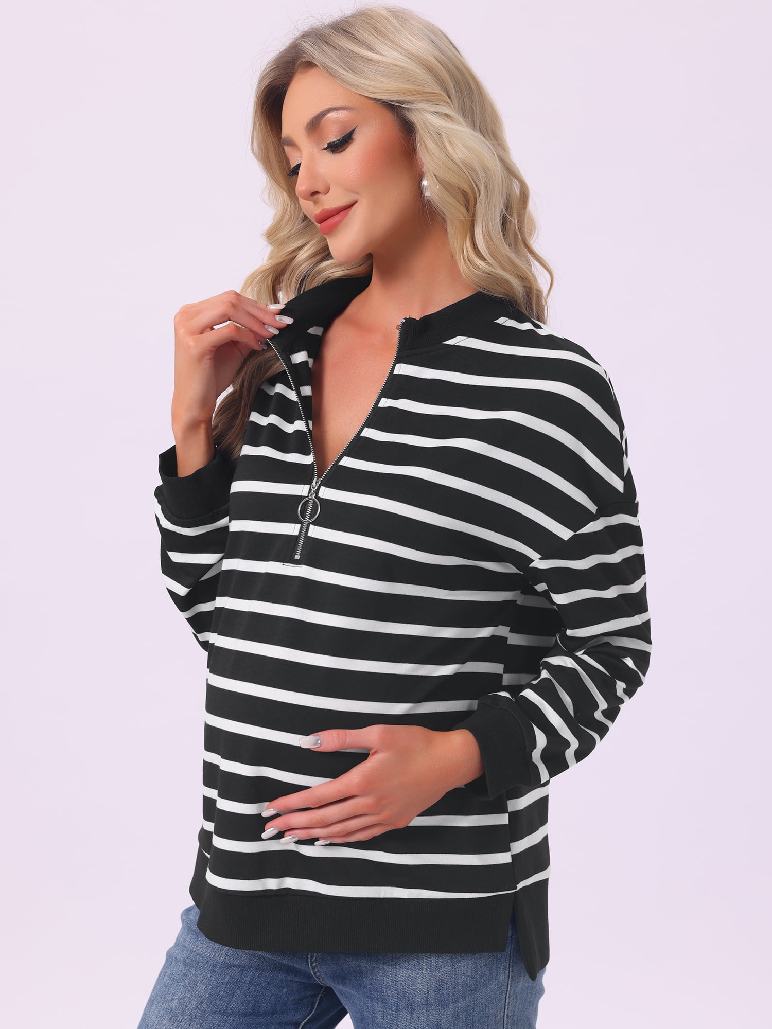 DARING DIVA Women's Maternity Mock Neck Long Sleeve Half Zip Sweatshirt XL White Stripe