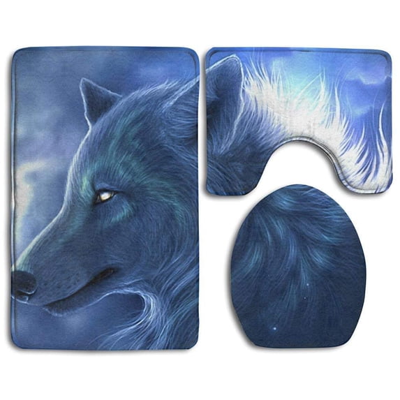 GOHAO Ice Wolf 3 Piece Bathroom Rugs Set Bath Rug Contour Mat and Toilet Lid Cover
