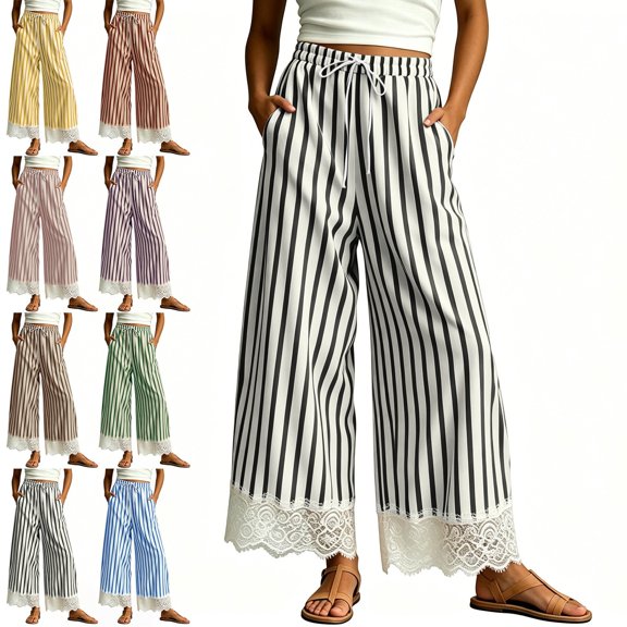 Teylalorva Women's Striped Lace Trim Wide Leg Pants, Summer Fall Drawstring Waist With Pocket Comfort Pants Yellow 2XL