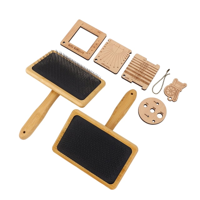 Knitting Gauge Set, Yarn Ruler Wooden Density Ruler Angle Meter Wool Blending Board Carding Brush Set for Coats Sweaters Felt Carpets