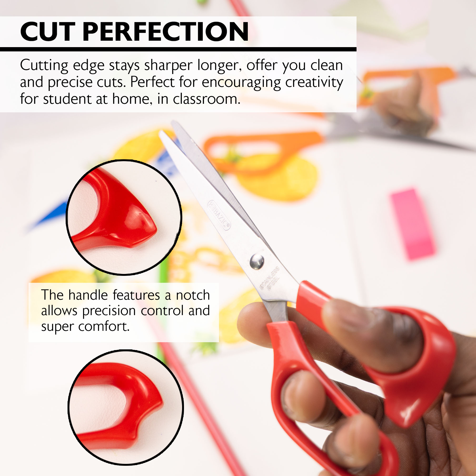 BAZIC 8" Stainless Steel Scissors, Straight Handle, Assorted Color, 24-Pack