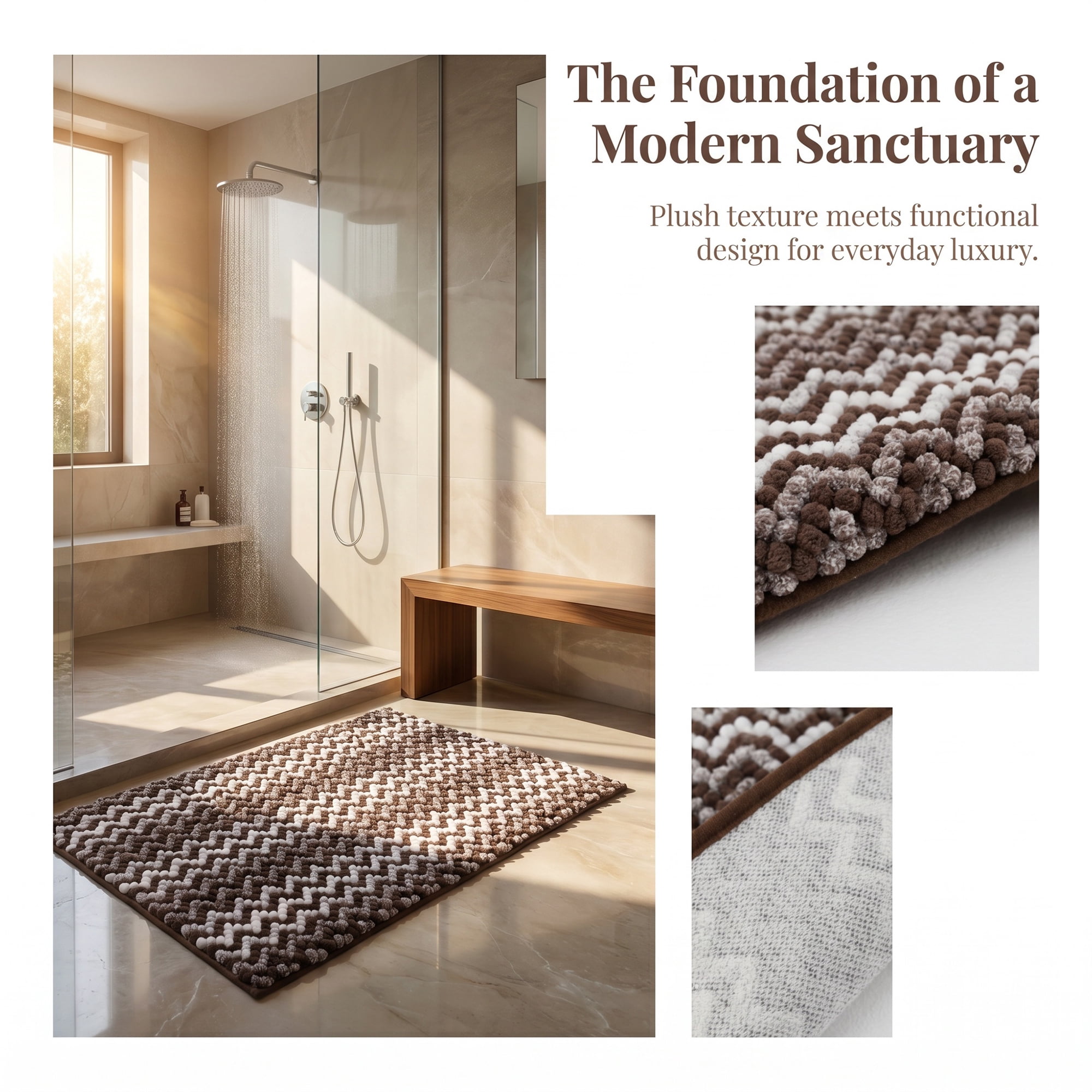 Unique Bargains Ultra Soft Non Slip Machine Washable Chenille Bath Mat Brown 24" x 16"