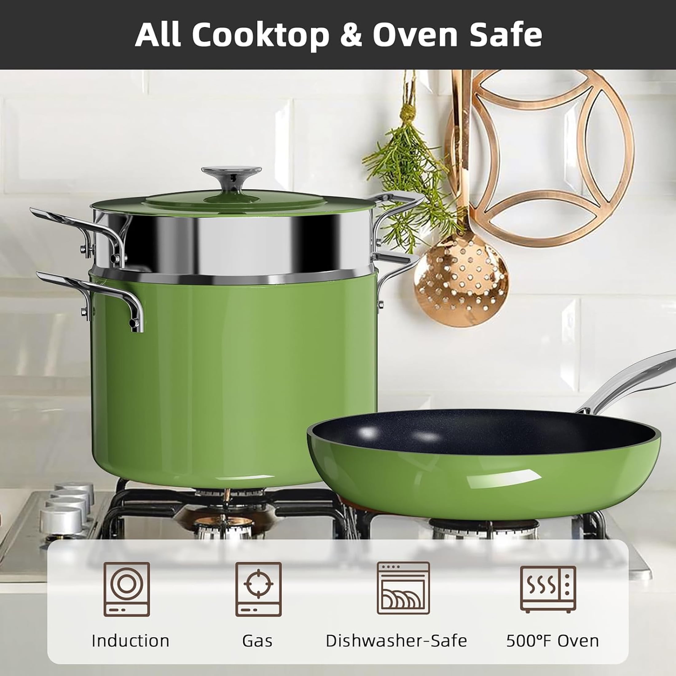 Nuwave 13pc Lux Pots and Pans Set Ultra Nonstick, Healthy G10 Duralon Ceramic Coating Forged Lightweight Cookware Set, Stay-Cool Handles, Works on All Cooktops & Oven, Avocado