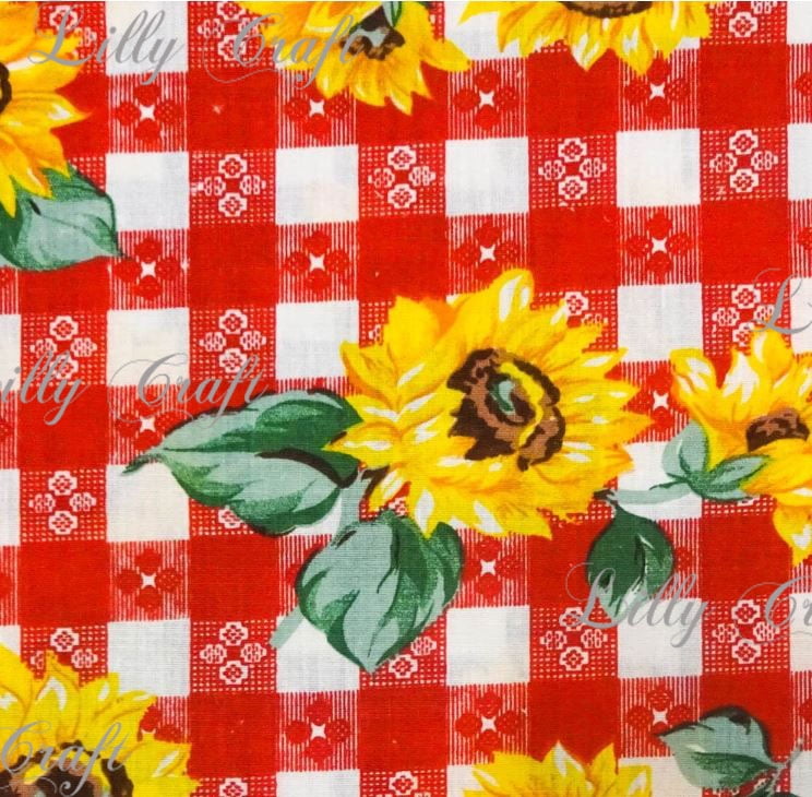 Sunflowers on Red Checkered Poly Cotton, 58'/60' Inches Wide – Sold By The Yard