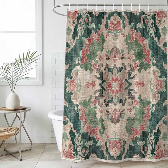 Pink Green Boho Shower Curtain Set, Waterproof Shower Curtains for Bathroom, Abstract Medieval Vintage Ethnic Floral Washable Fabric Cloth Bath Curtain for Bathtub Decoration with Hooks 60x72 Inches