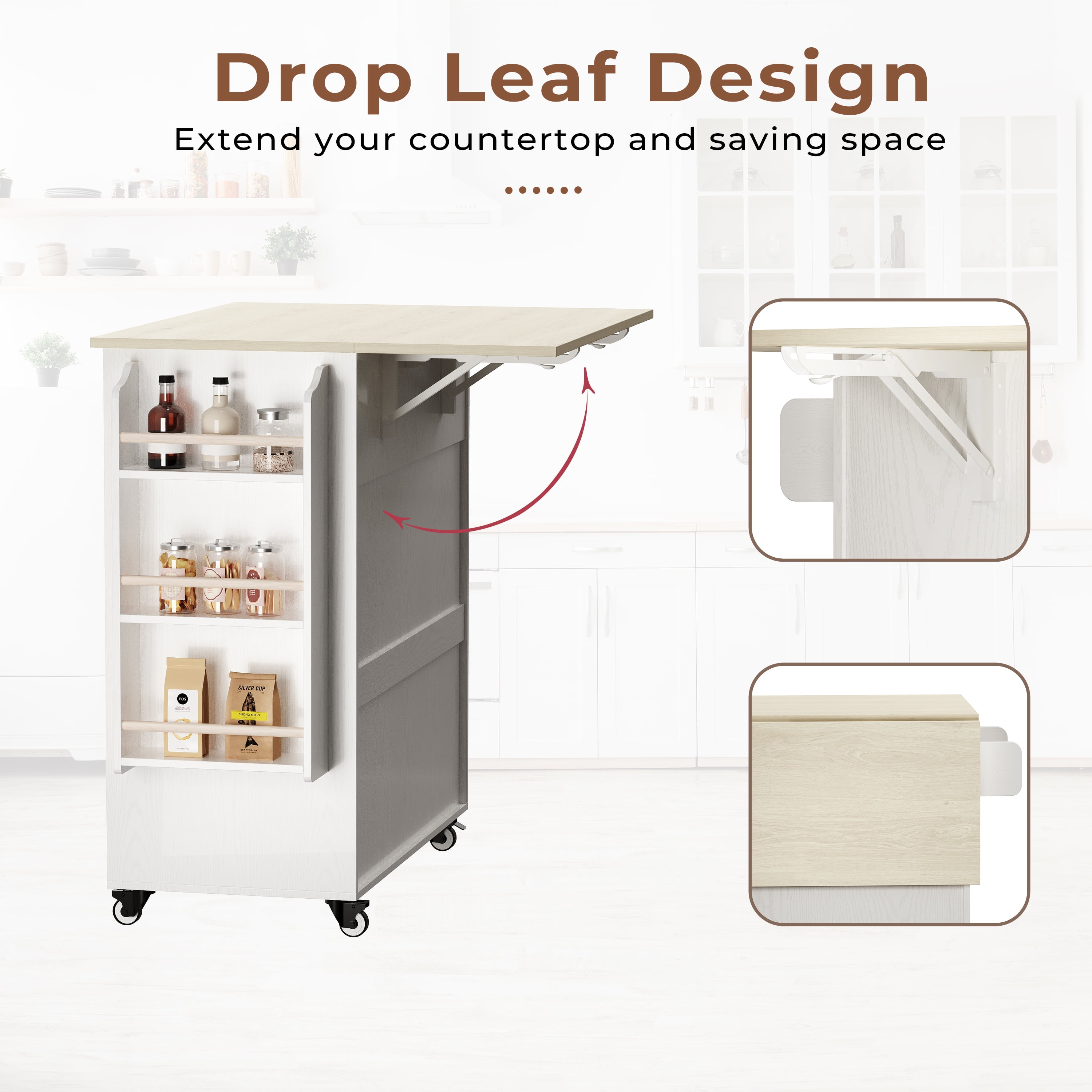 IRONCK 31.5" Rolling Kitchen Island Cart with Drop Leaf, Drawer, Adjustable Storage Cabinet, Spice Rack and Towel Holder
