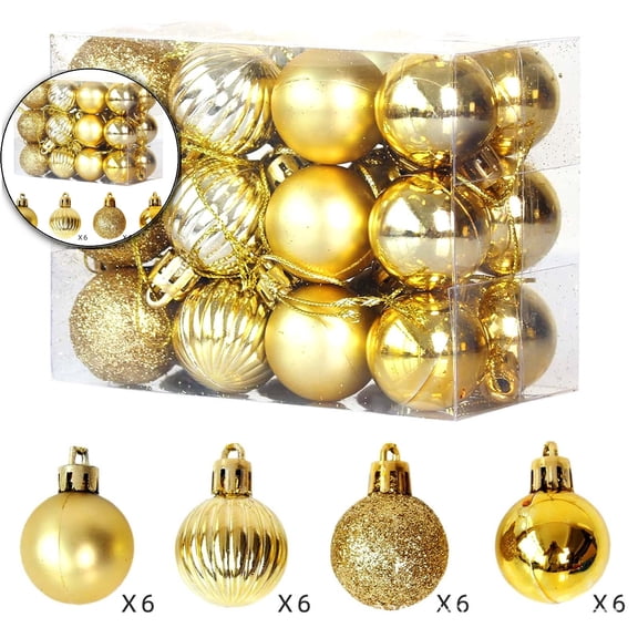 Dvruxg Mini Christmas Tree Ball Ornaments, 24 Pcs Shatterproof Satin Shiny and Glitter Bulb Christmas Ornaments(Gold)