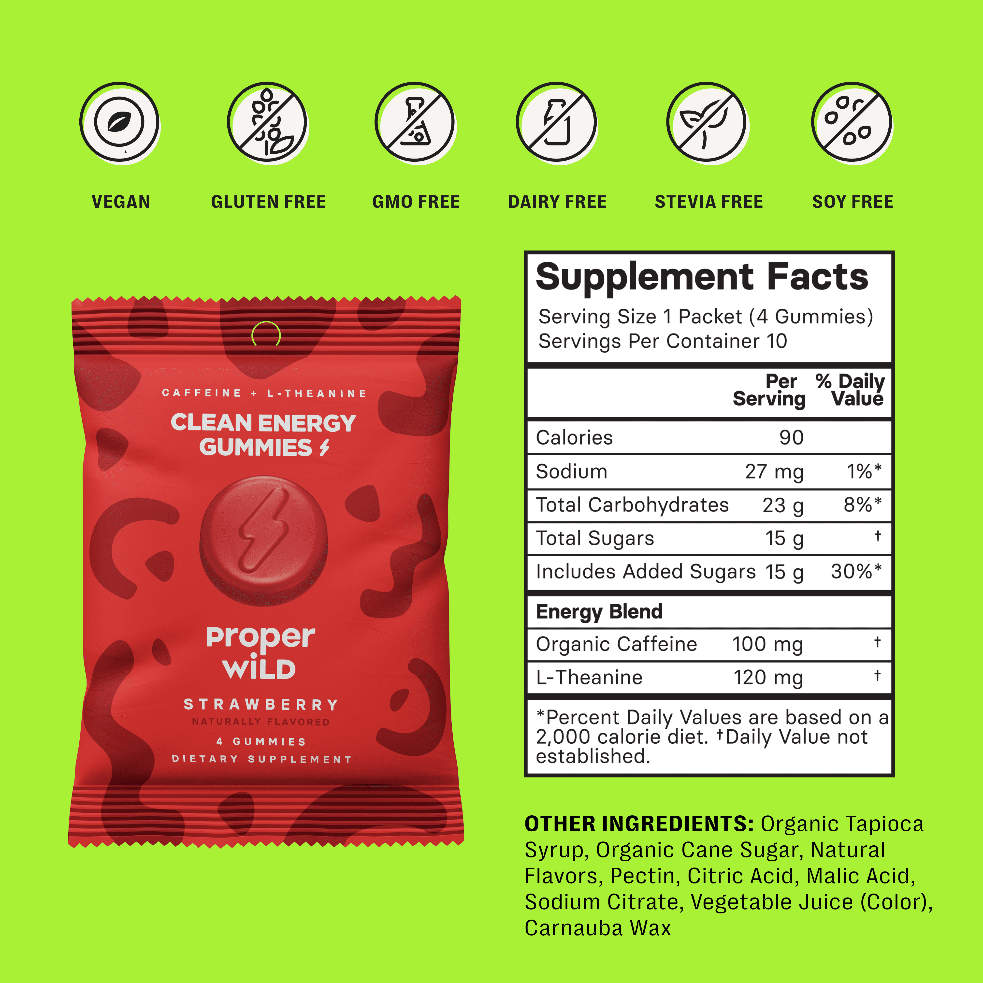 Proper Wild, Natural Clean Energy Gummies, Caffeine & L-Theanine, Strawberry, 10-Pack