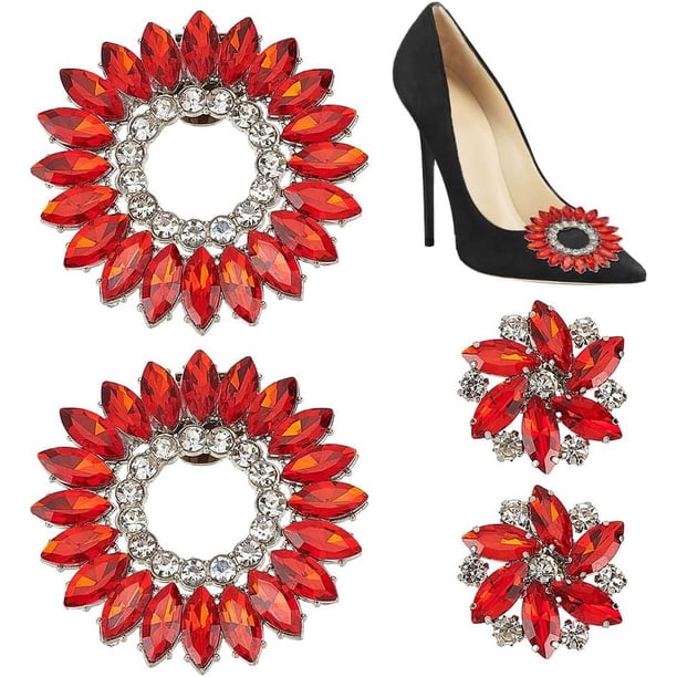 4 clips para zapatos de diamantes de imitación rojos de 2 estilos para bodas, hebillas brillantes para zapatos de novia, hebillas extraíbles con purpurina.