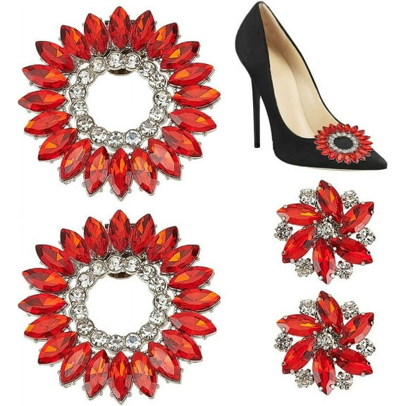 4Pcs 2 Styles Red Rhinestone Shoe Clips for Wedding Shiny Bridal Shoe Buckles Clips Removable Glitter Shoe Buckles for Ladies Women Summer Pumps High Heels Shoes Decoration